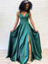 A Line V Neck Appliques Green Satin Lace Up Prom Dress LBQ4292